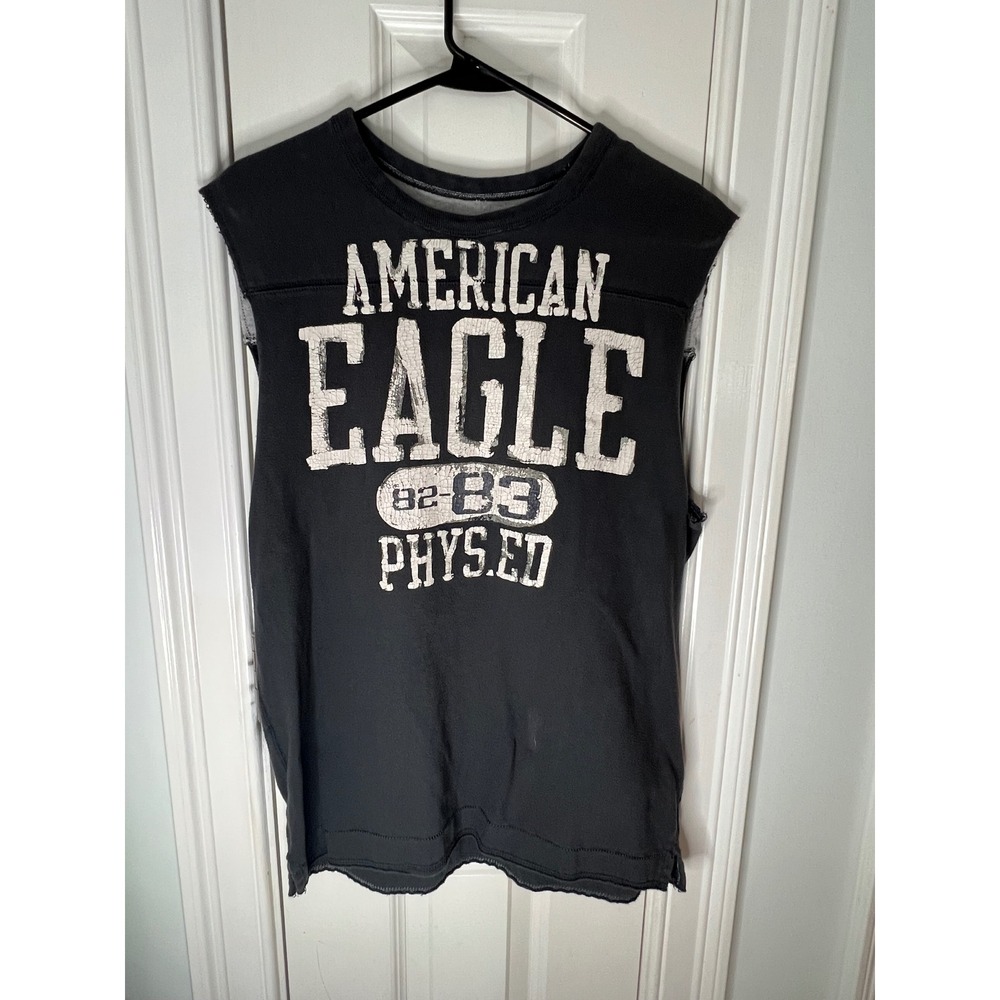 Vintage 2000s American Eagle Phys Ed Muscle Tee Mens Medium Black Distressed 83